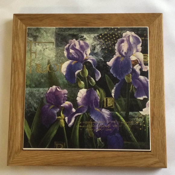 Framed stone trivet, purple iris image - Picture 3 of 5
